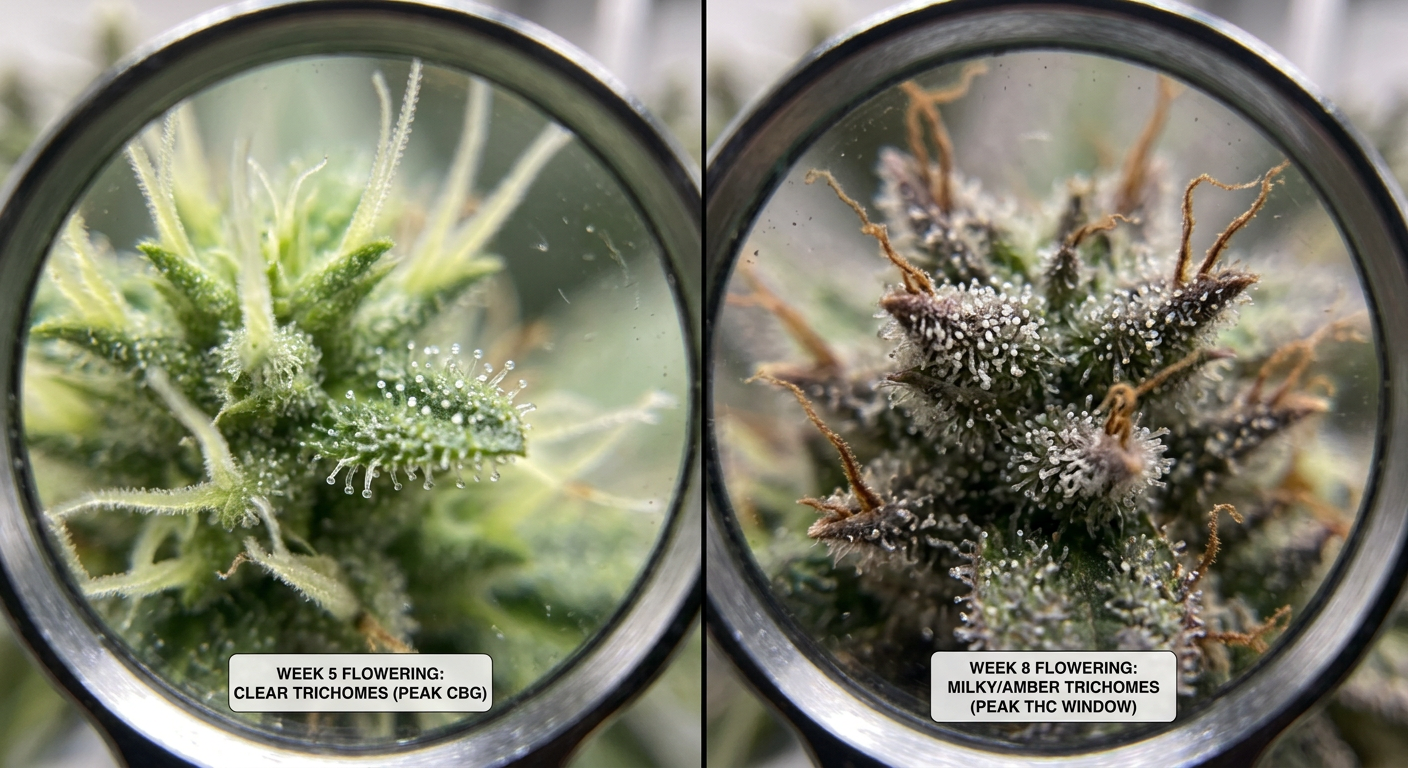 Trichome comparison: clear heads at week 5 (peak CBG window) vs. milky/amber at week 8 (peak THC window).