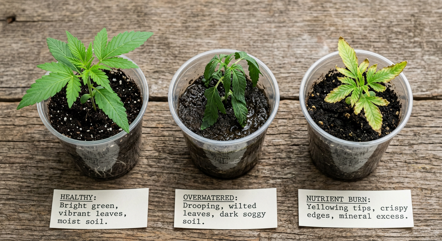 Three seedlings showing healthy growth (left), overwatering (center), and nutrient burn from hot soil (right) — soil choice affects all three outcomes.