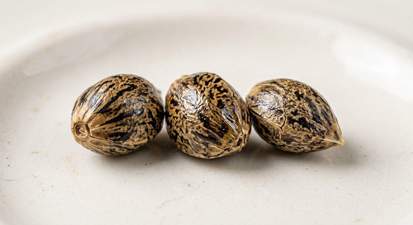 Three cannabis seeds showing healthy dark coloration and waxy coating — indicators of viable genetics.