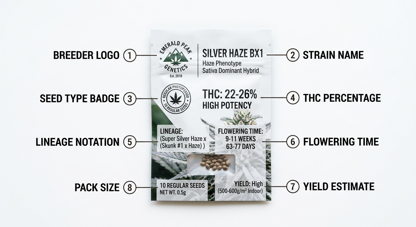 Annotated cannabis seed packet showing all key label elements