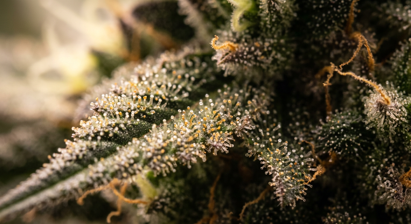 Amber trichomes indicate THC degradation — visible evidence of the THC→CBN conversion process beginning