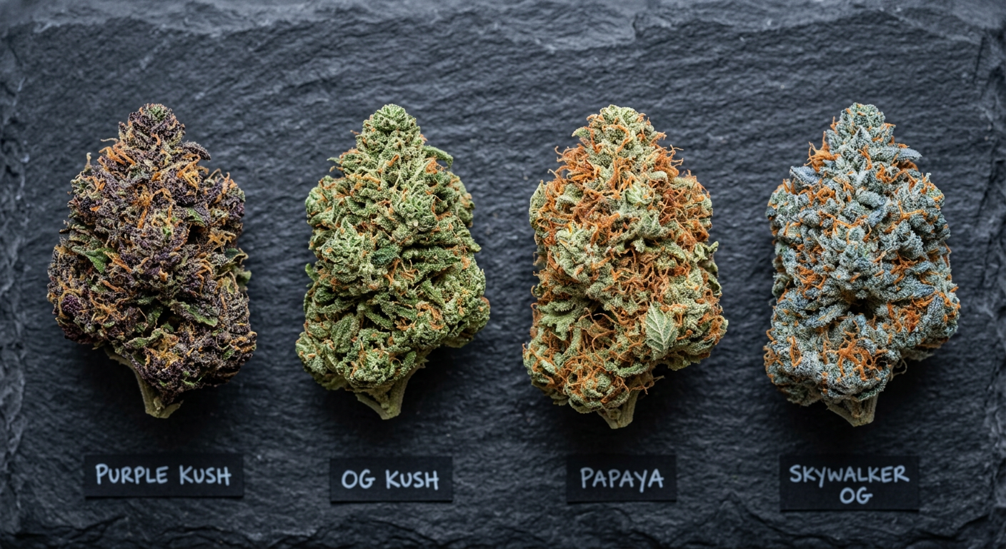 Four top-performing indica sleep strains showing distinct color profiles and trichome coverage