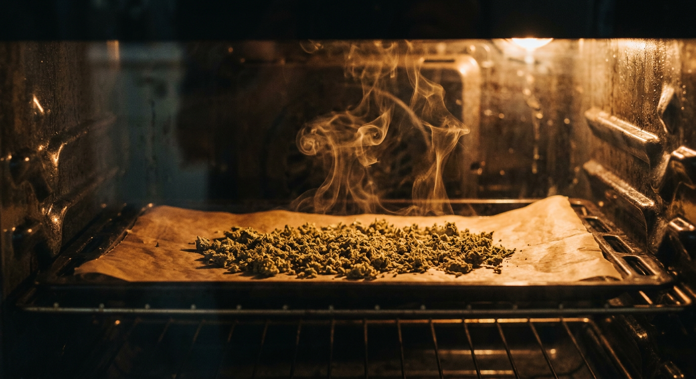 Terpenes visibly volatilize during open oven decarboxylation — those wisps carry flavor and entourage compounds out of your cannabis.