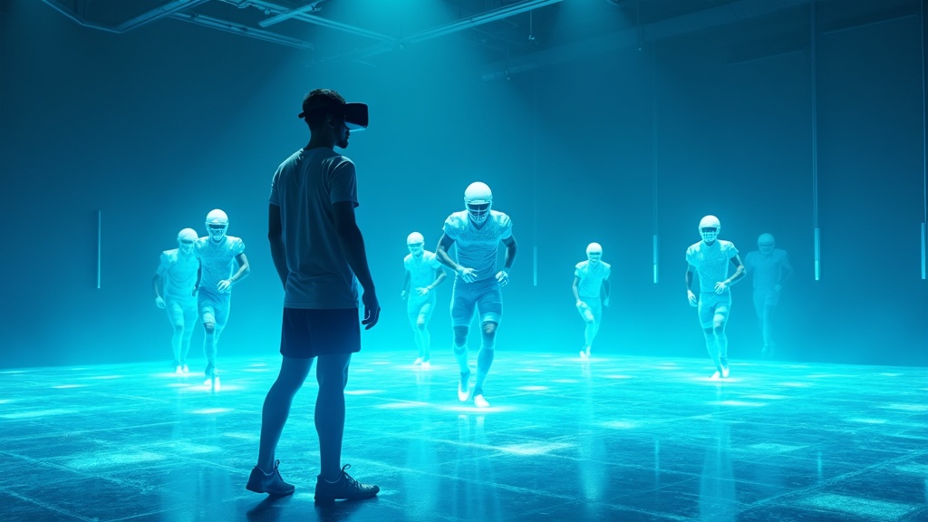 Jugador de fútbol utilizando el visor de realidad virtual Be Your Best para entrenamiento cognitivo