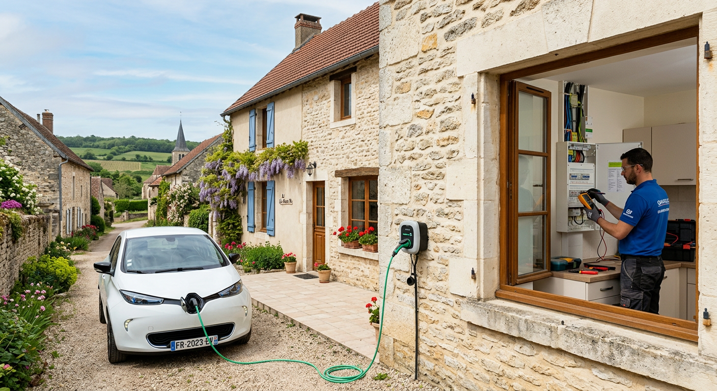 Borne de recharge électrique IRVE installée sur un mur extérieur d'une maison en milieu rural avec un installateur vérifiant le tableau électrique.