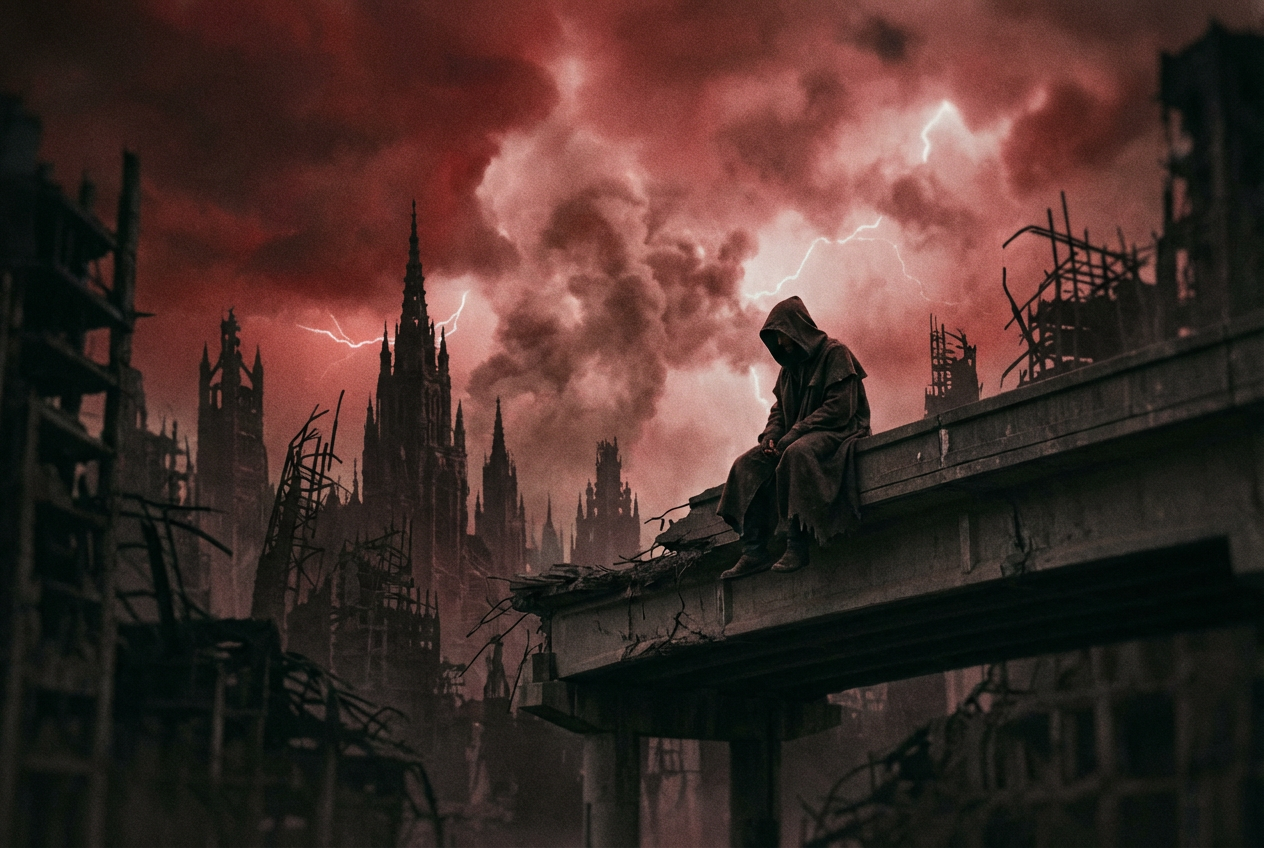 alt text: Dystopian AI-generated landscape for a metal music video with crumbling structures and red sky