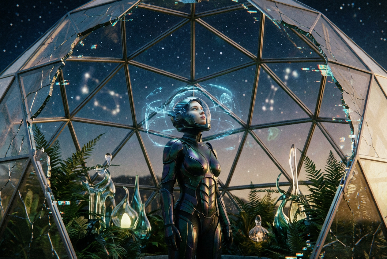 alt text: Futuristic AI-generated biome scene inspired by power metal album art