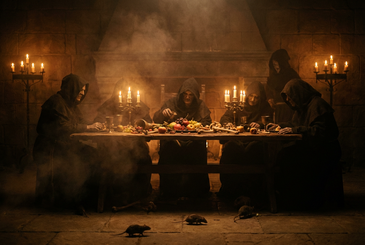 alt text: Medieval horror scene with plague imagery in dark moody lighting
