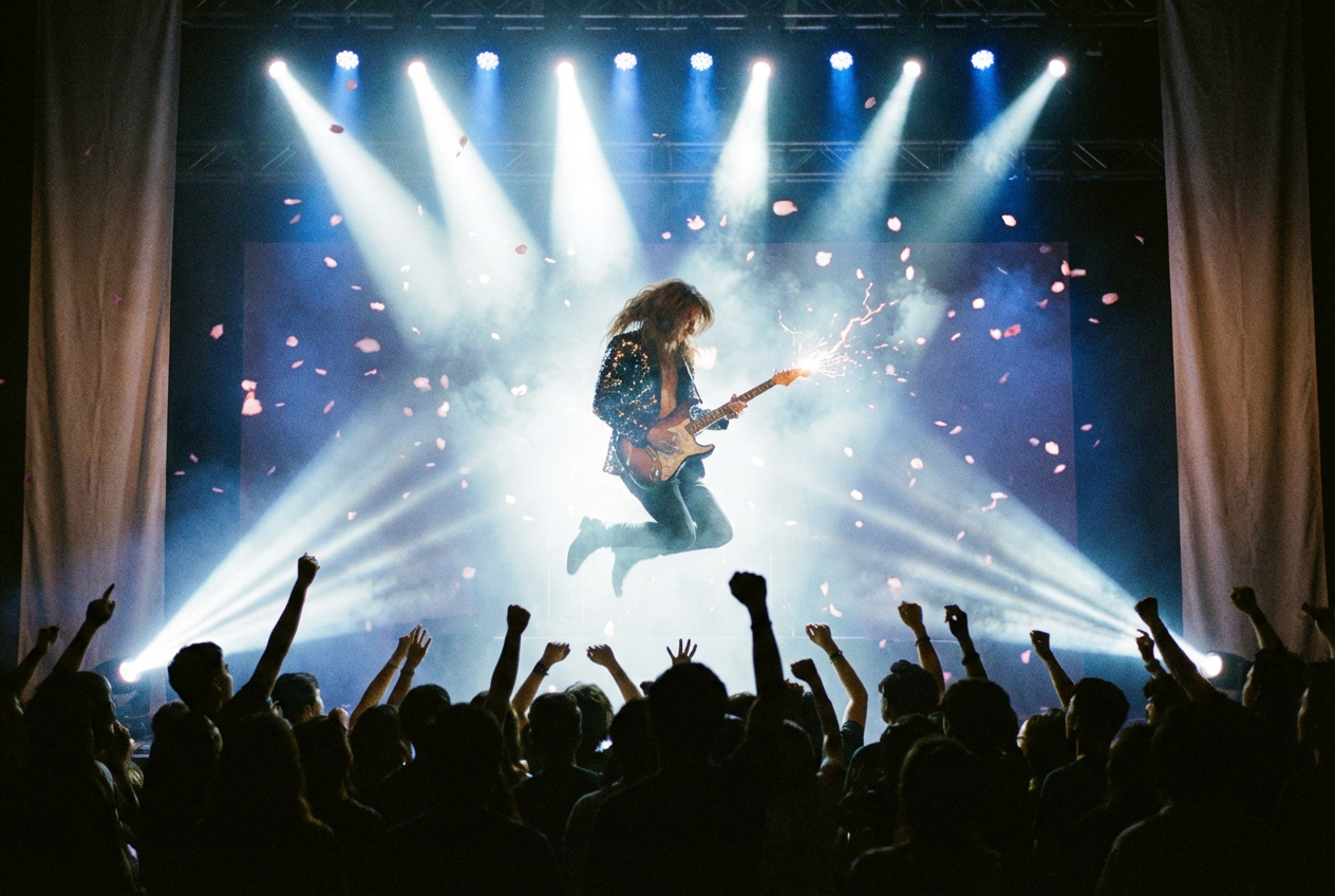 alt text: Anime-style power metal performance scene with dramatic lighting