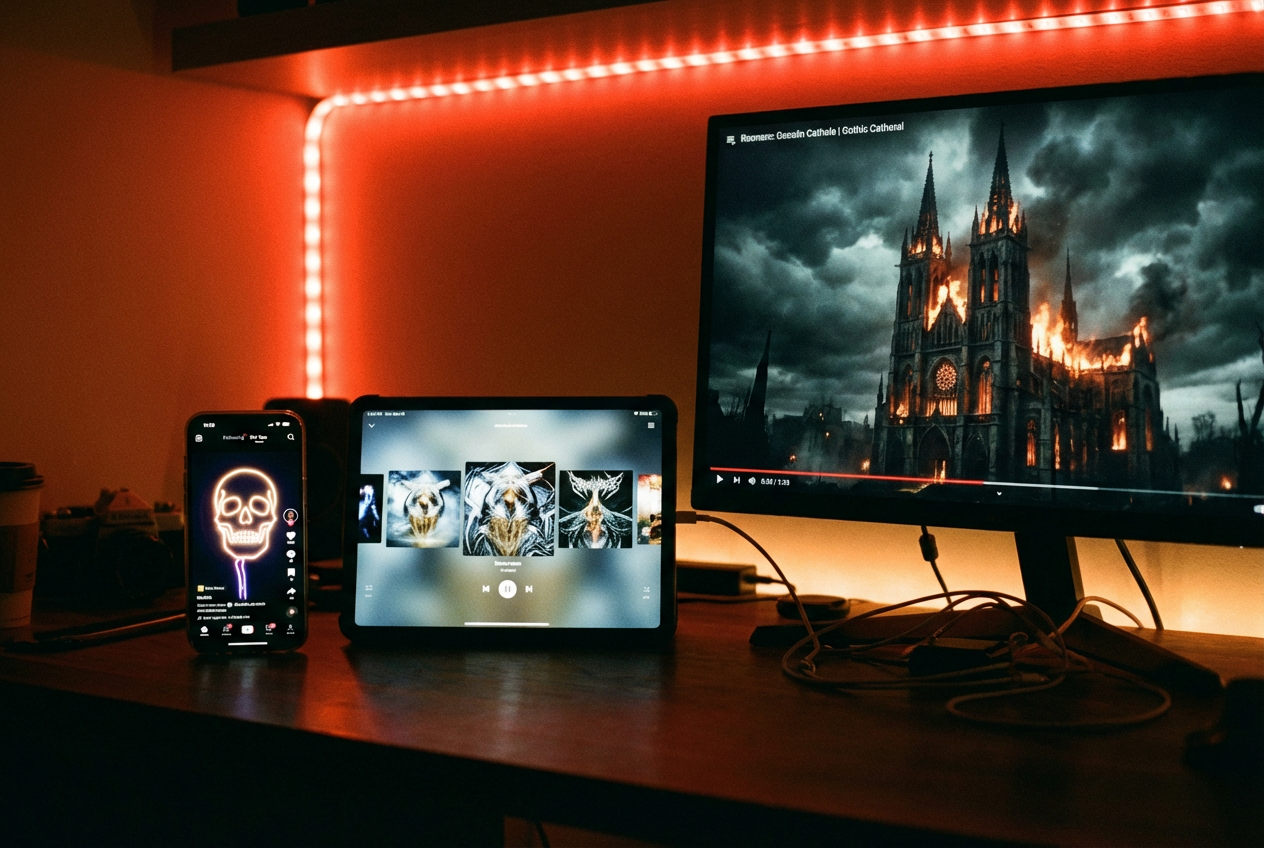 alt text: Split-screen showing a metal AI music video displayed across phone, tablet, and monitor