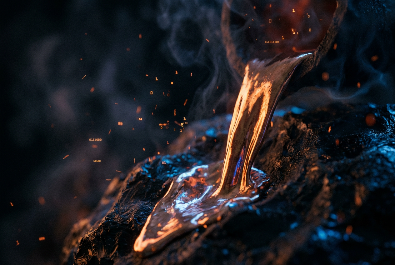 alt text: Dark abstract AI-generated visual of molten metal and digital particles
