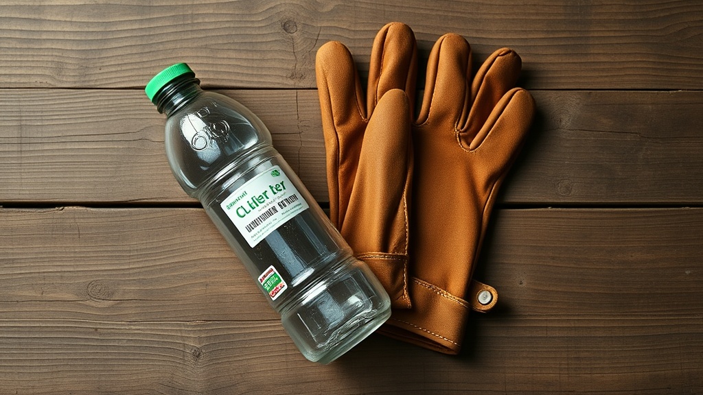 A flat lay of a pragmatic field kit featuring worn leather work gloves and a scratched, sticker-covered water bottle on wood.