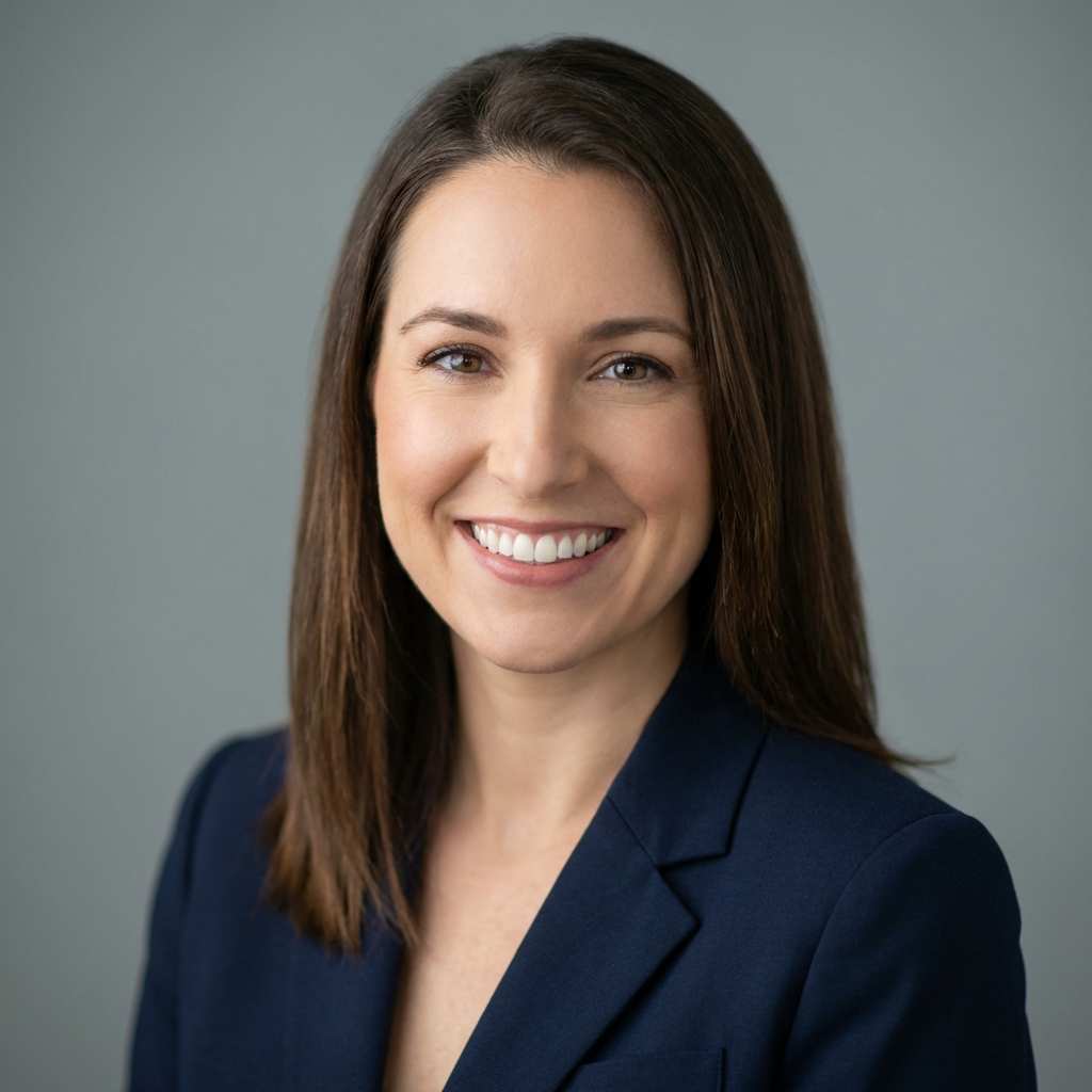 Professional AI-generated corporate headshot of a confident woman in navy blazer against soft gray studio background
