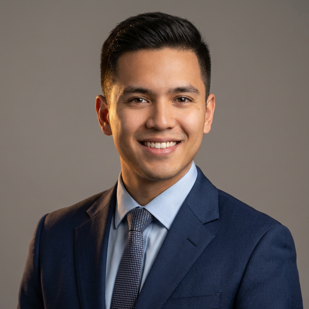 AI-generated professional headshot of a young man in business suit with warm smile and studio lighting