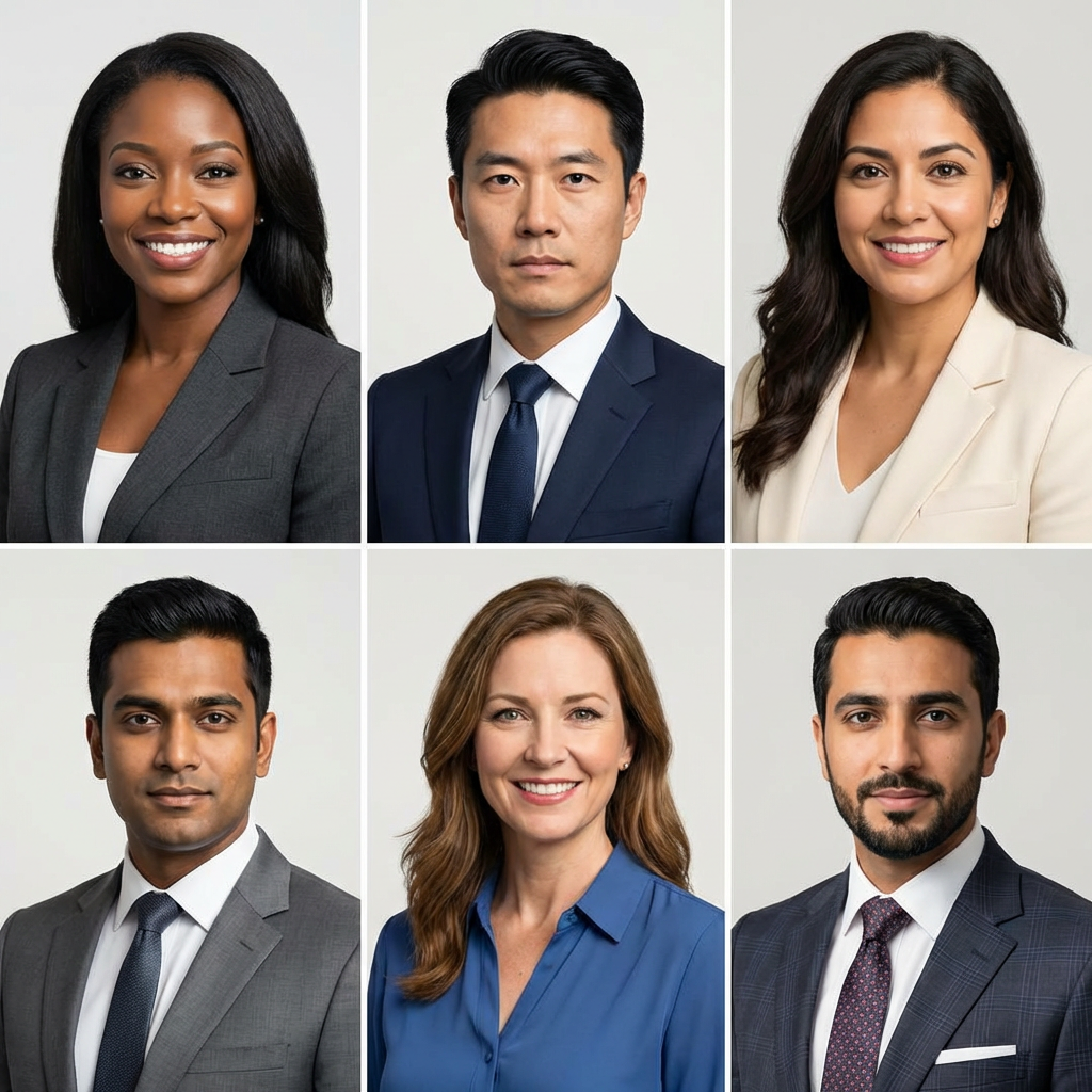 Grid of diverse professional AI headshots showing men and women in business attire with clean backgrounds