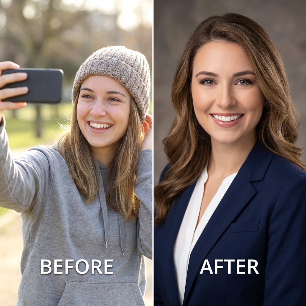 Before and after comparison of casual selfie transforming into polished professional headshot with studio lighting