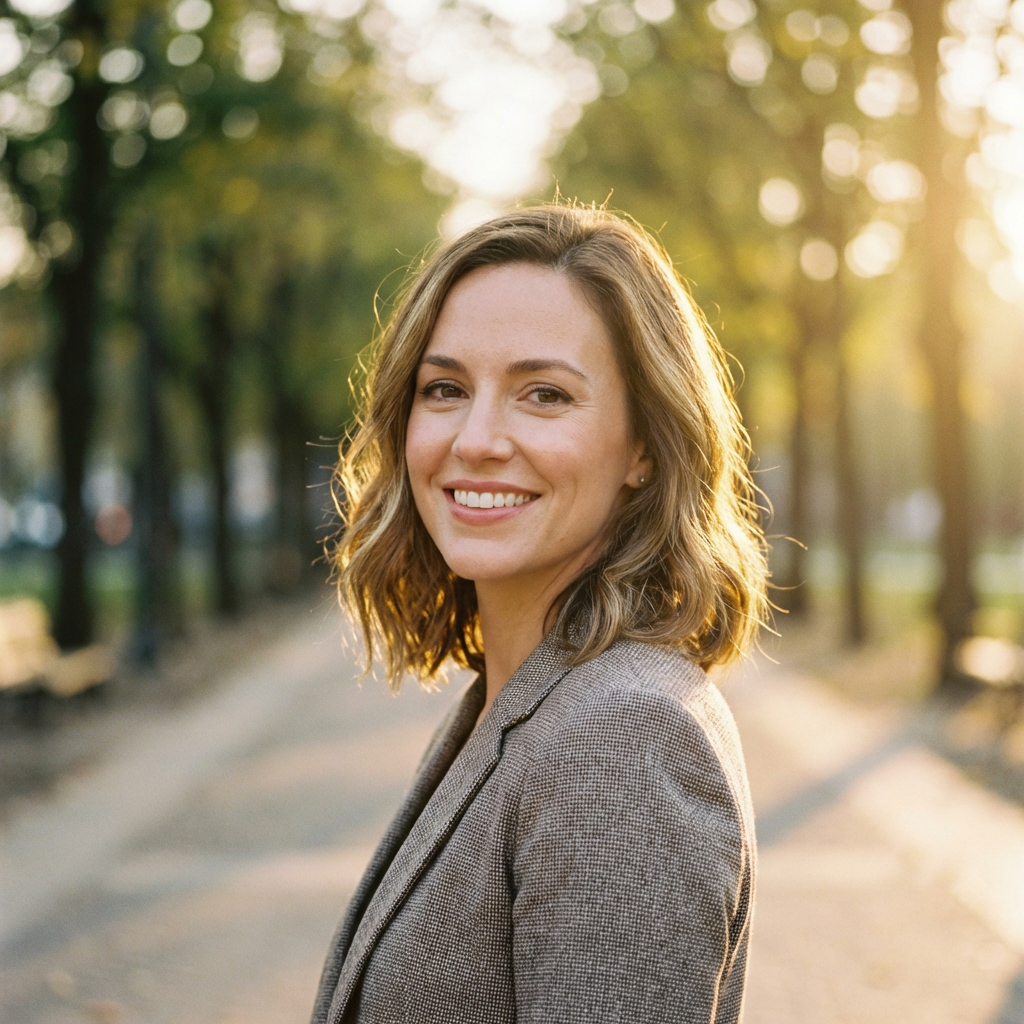 AI-generated professional headshot of a woman with natural makeup and confident expression, warm golden hour lighting