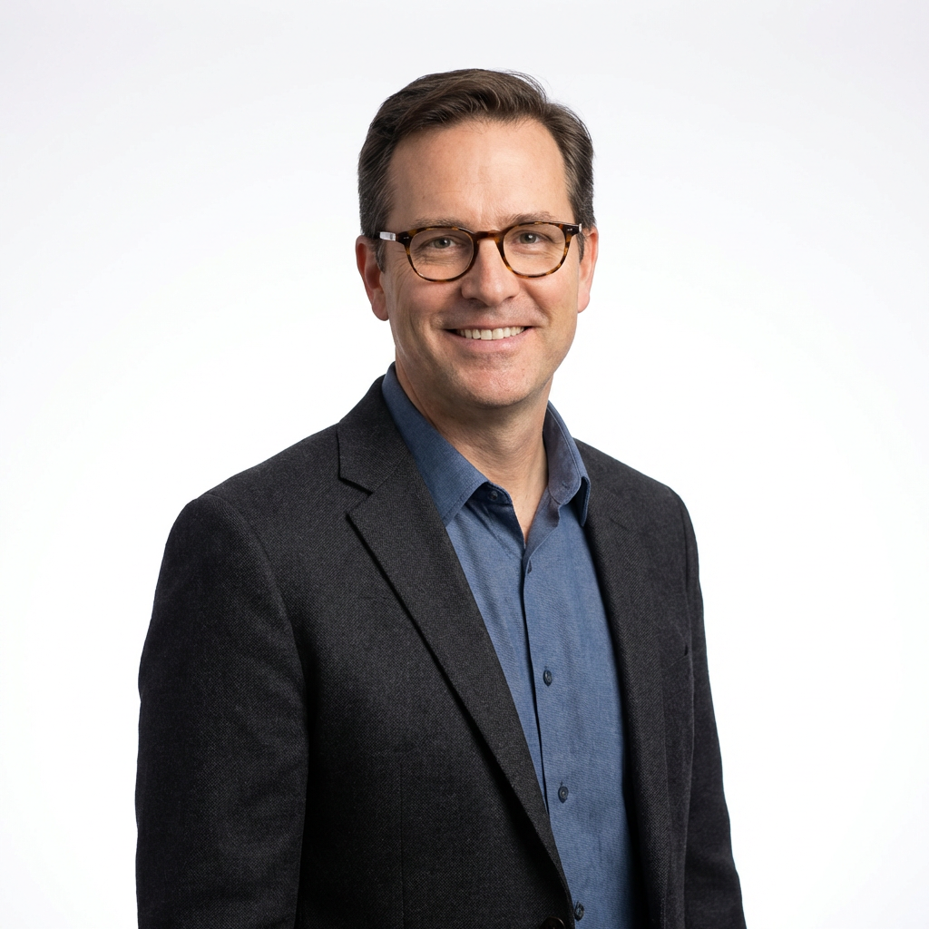 AI-generated professional headshot of a man with glasses in smart casual attire against clean white background