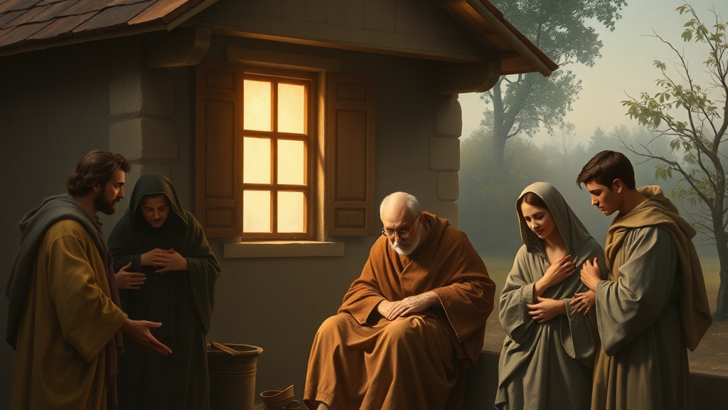 Allegorical depiction of helpers repairing a modest home