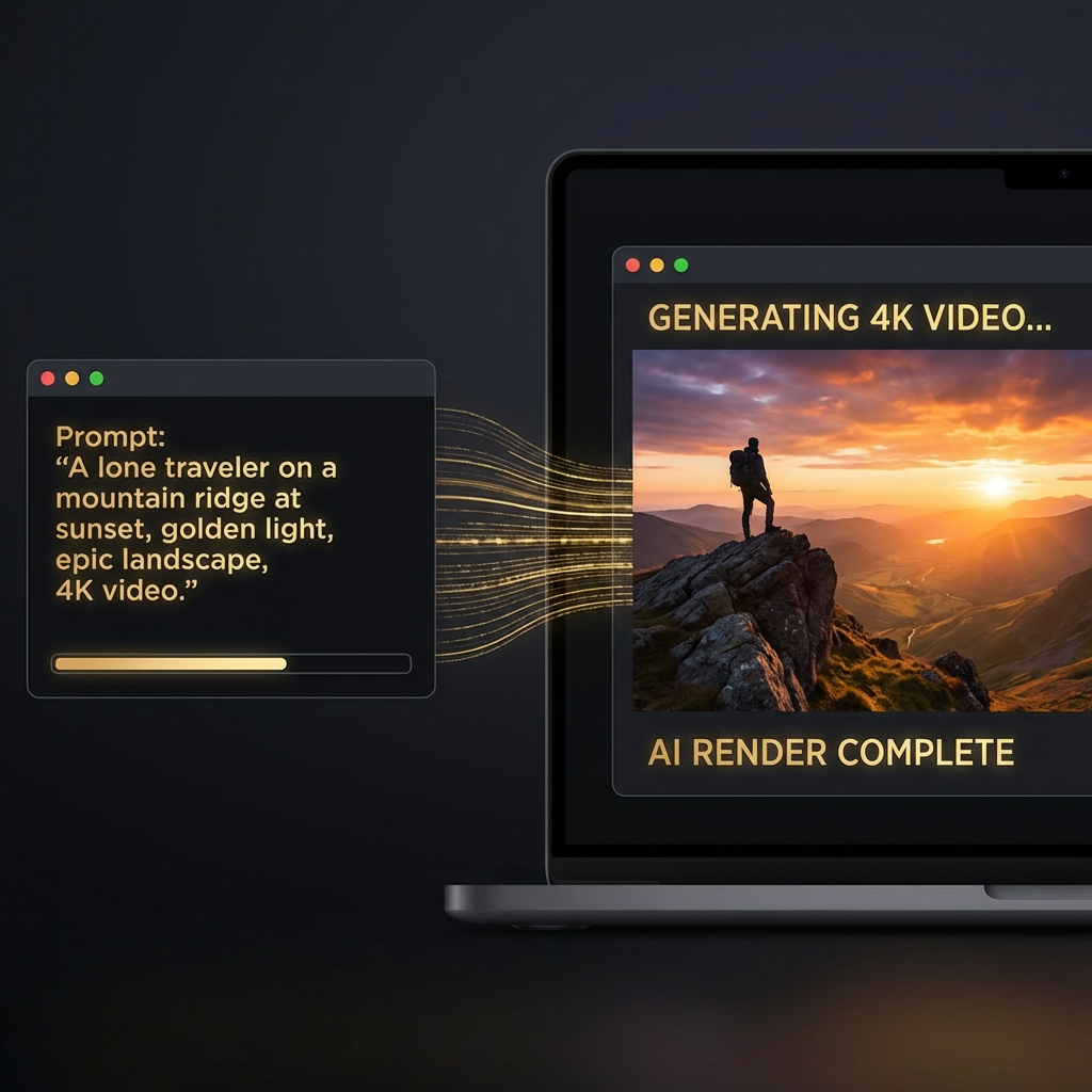 Text to video AI generator interface showing a text prompt transforming into a cinematic 4K video scene with golden accent highlights