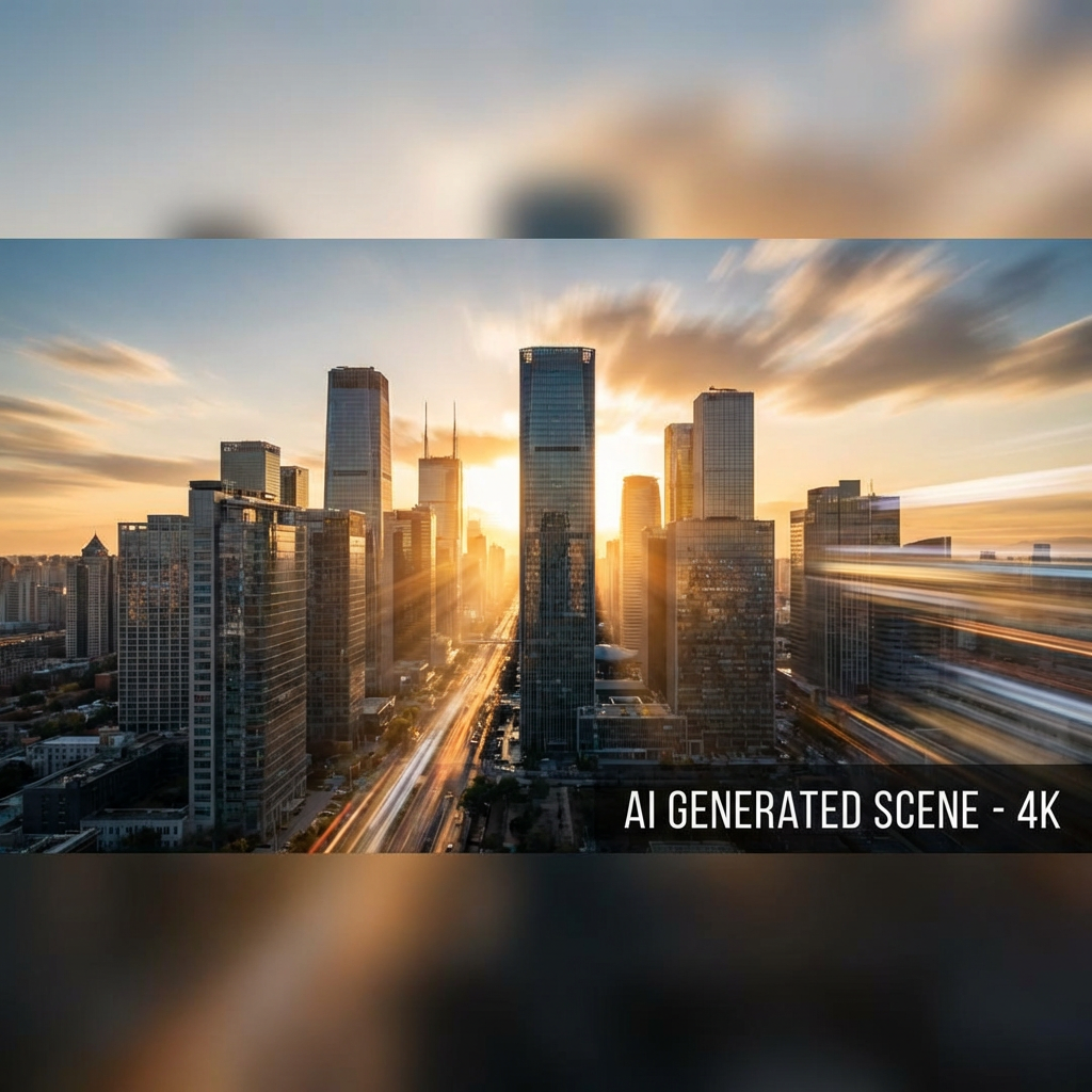 AI-generated dramatic aerial cityscape video frame with golden sunset light between skyscrapers, cinematic camera movement