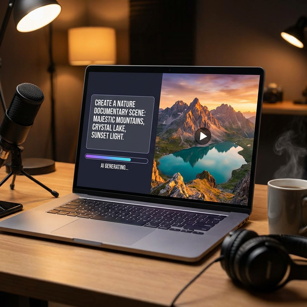 Content creator workspace showing text to video AI workflow converting text prompt into beautiful nature documentary scene