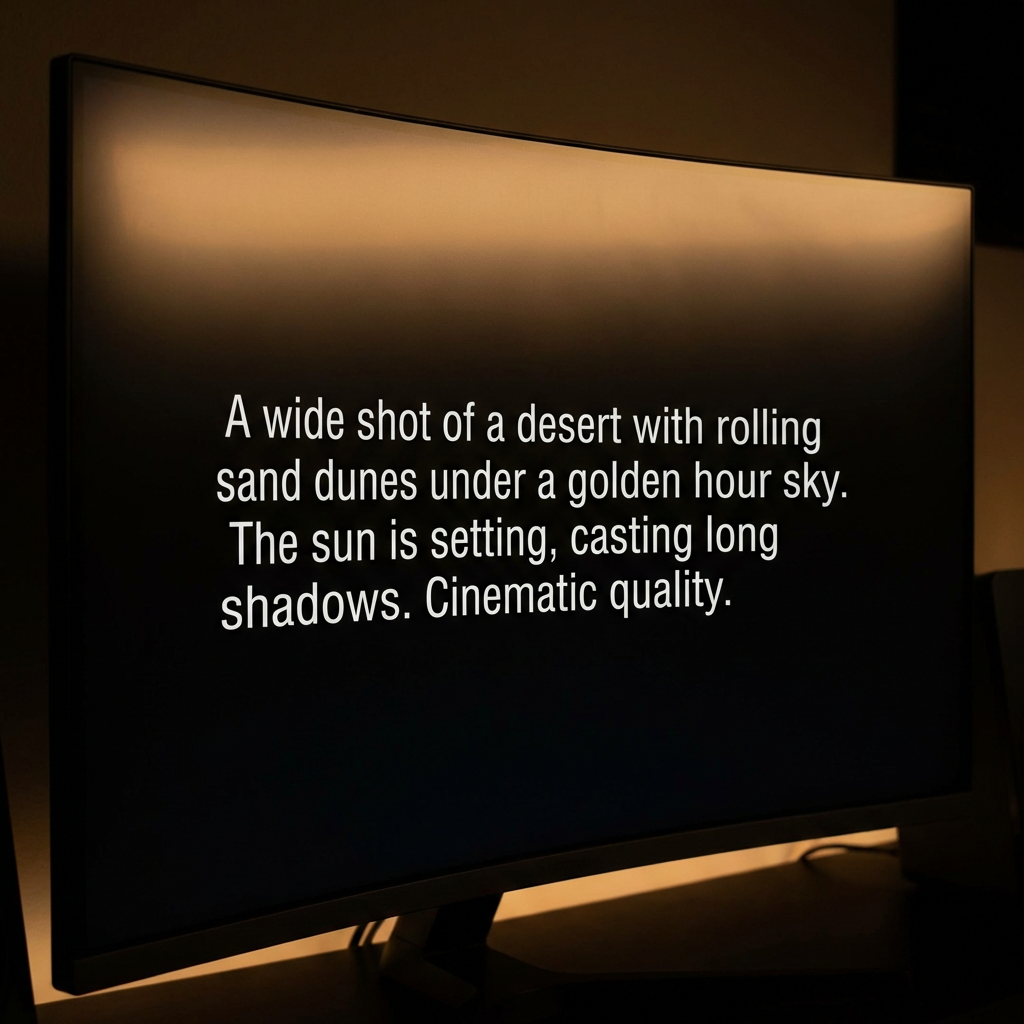Sequence of video frames showing desert dunes transforming from text description into photorealistic AI-generated video