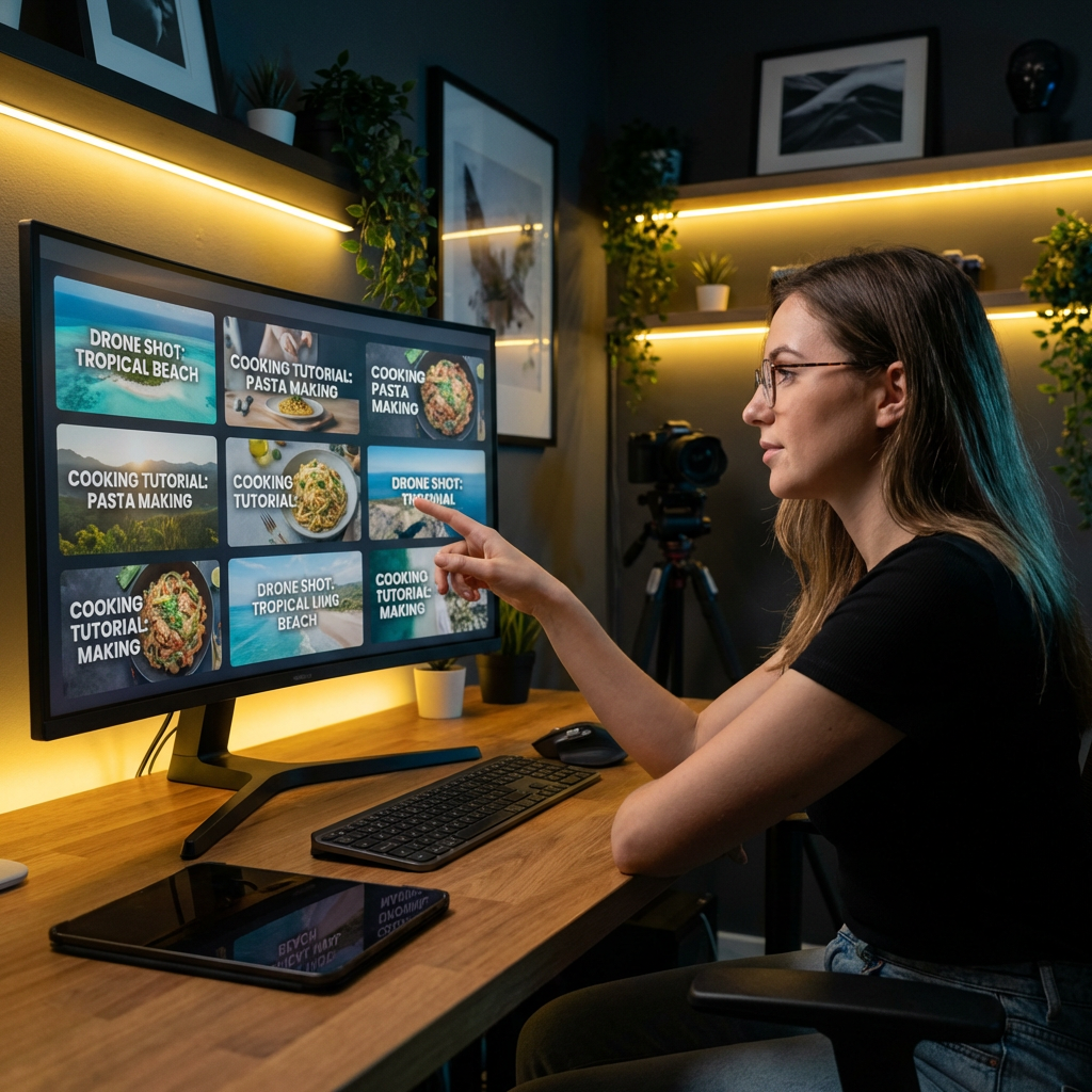 Social media manager viewing multiple AI-generated video thumbnails created from text prompts on a professional monitor
