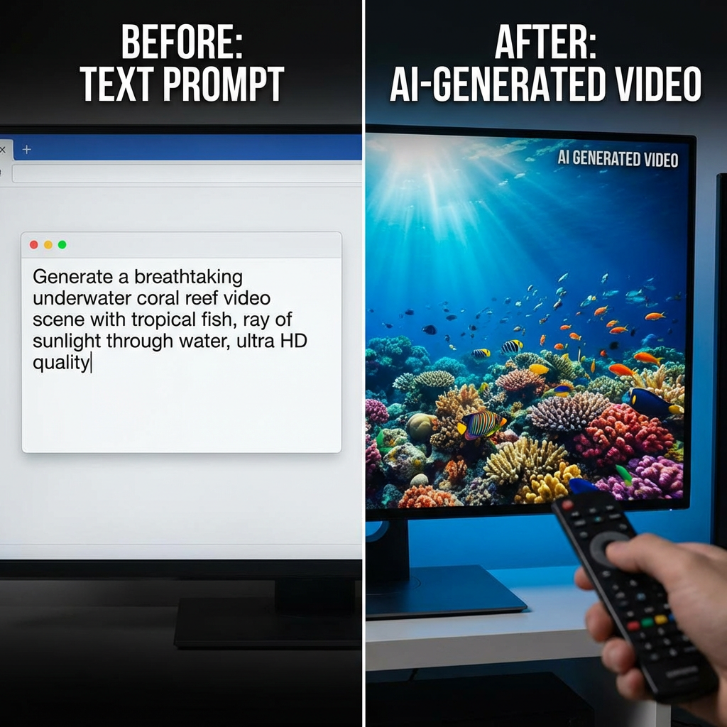 Before and after comparison of text prompt turning into breathtaking underwater coral reef video scene with AI