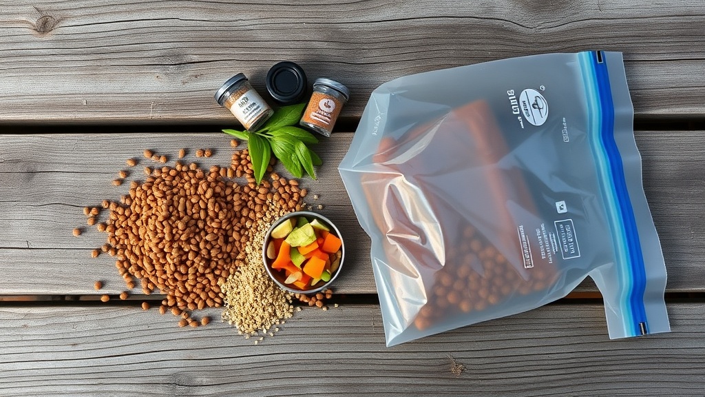 A flat lay of dry stew ingredients including lentils and spices around a reusable silicone bag on a rustic wooden table.