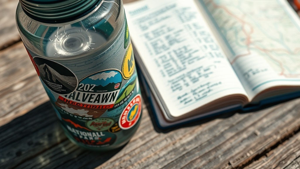 Close-up of a weathered 32oz Nalgene bottle next to an open field notebook on a wooden table