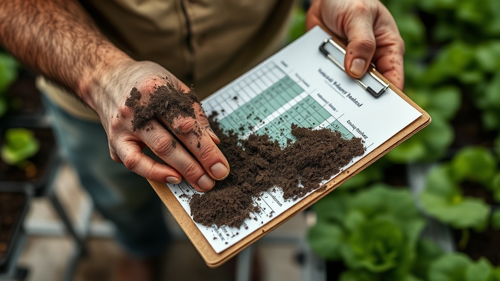 Close-up of dirt-stained hands holding a clipboard with soil data in an urban farm lab