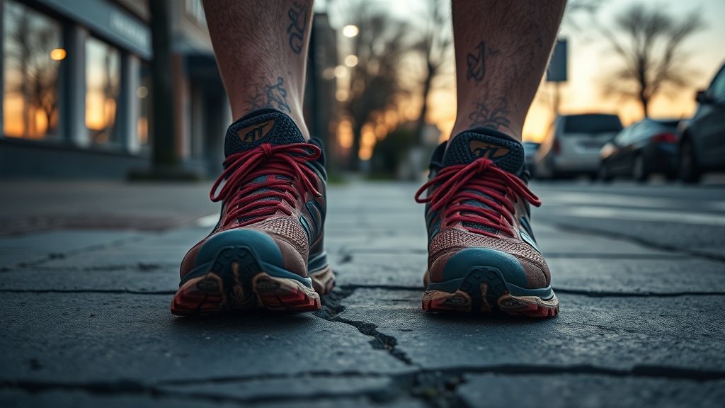 A pair of worn, muddy trail running shoes standing on a cracked, uneven city sidewalk at dusk