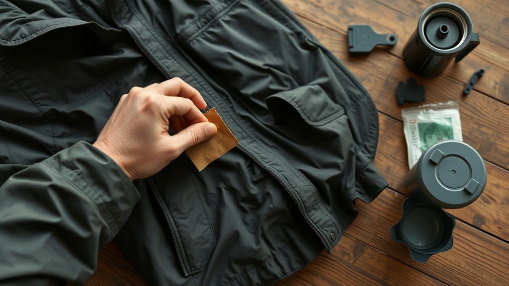 Close-up of hands repairing a waterproof jacket with a patch kit next to a camp coffee maker