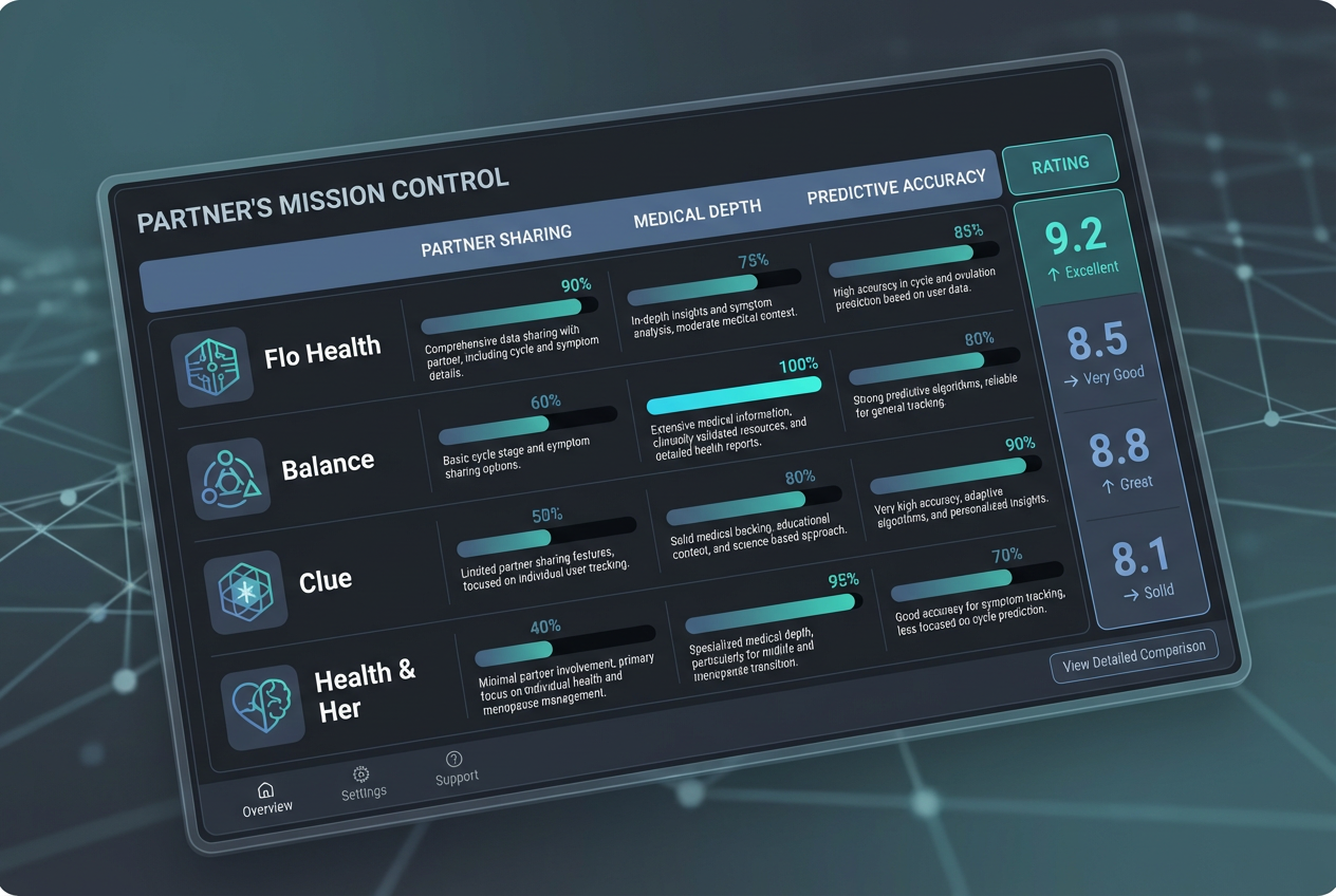 Comparison table of perimenopause apps including Flo, Balance, and Clue, showing scores for partner sharing, medical depth, and predictive accuracy.