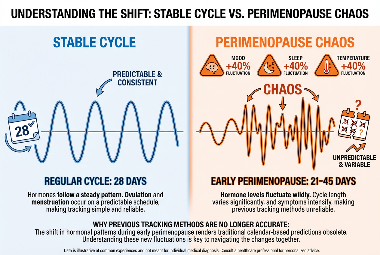 Infographic comparing a predictable 28-day menstrual cycle wave to the erratic and unpredictable hormonal fluctuations found in early perimenopause.