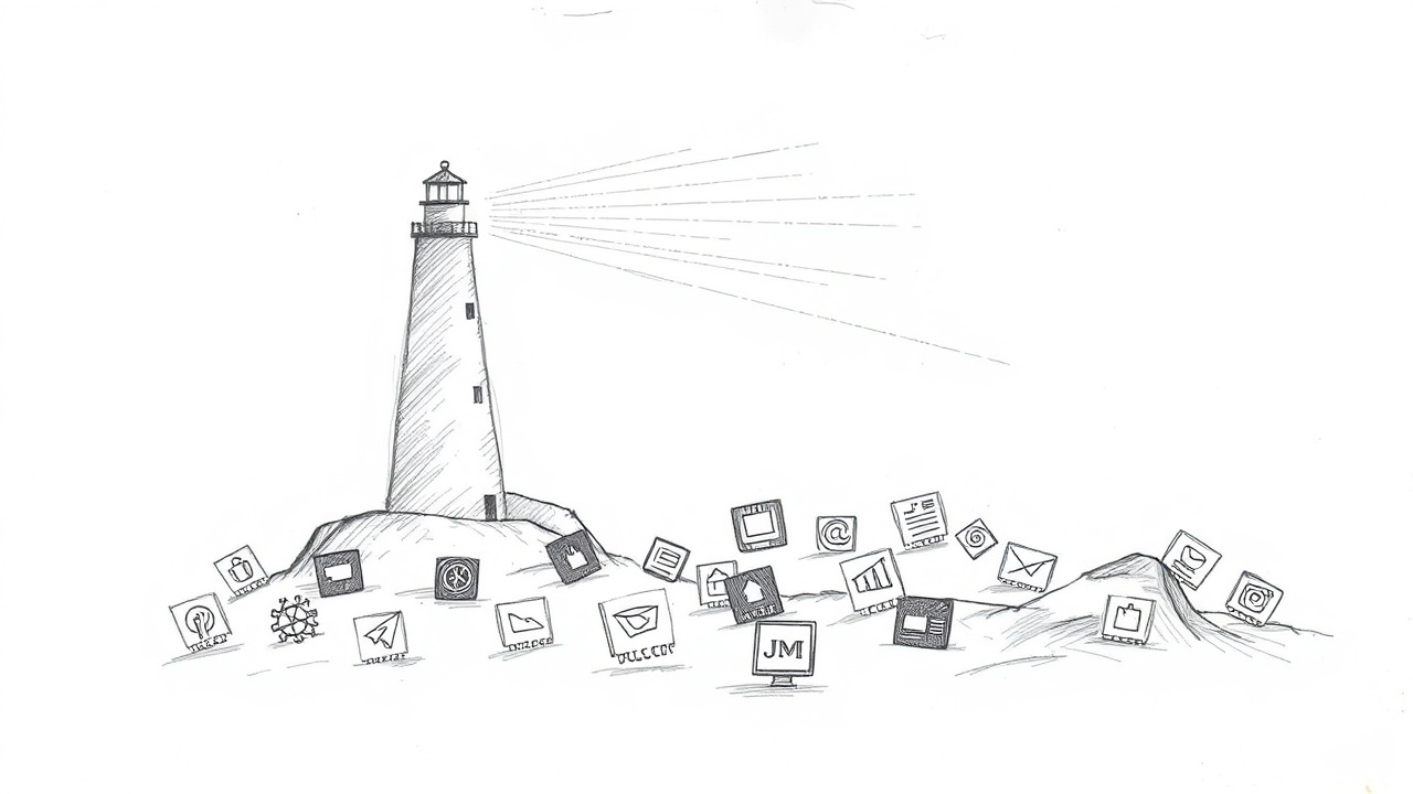 маяк освещает иконки сайтов в море