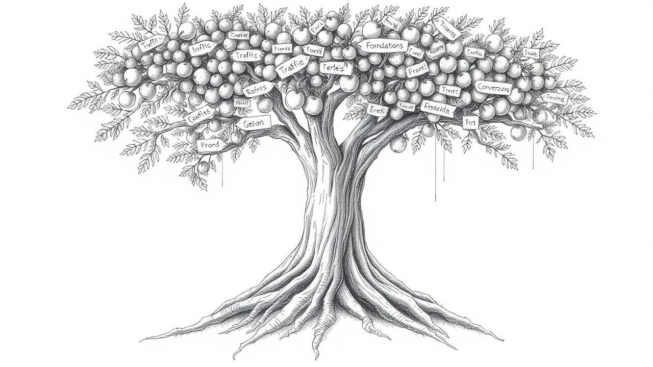 дерево SEO с корнями и плодами