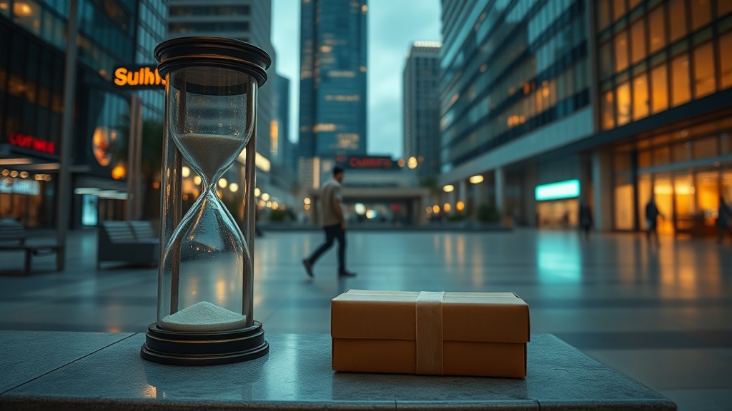 A cinematic, photorealistic hourglass scene
