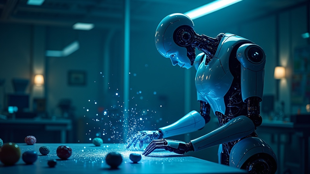 Robot humanoide con cerebro IA iluminado interactuando en un entorno industrial complejo
