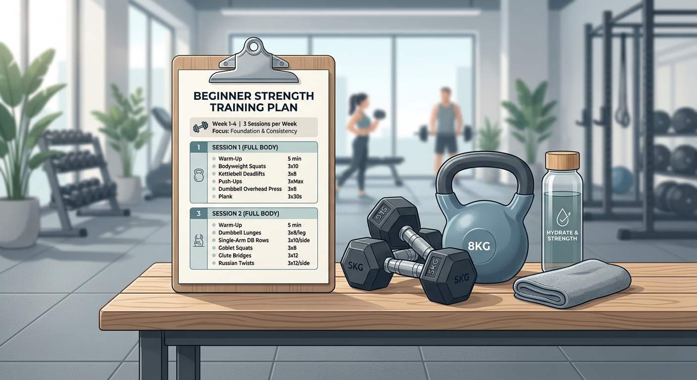 Clean editorial-style illustration of a beginner strength training plan on a clipboard beside dumbbells, kettlebell, and w...