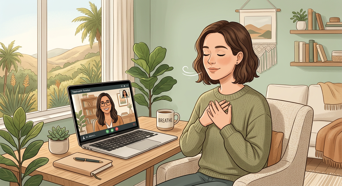 Modern illustrative scene of a person closing their eyes, breathing deeply, while a therapist appears on a laptop screen i...