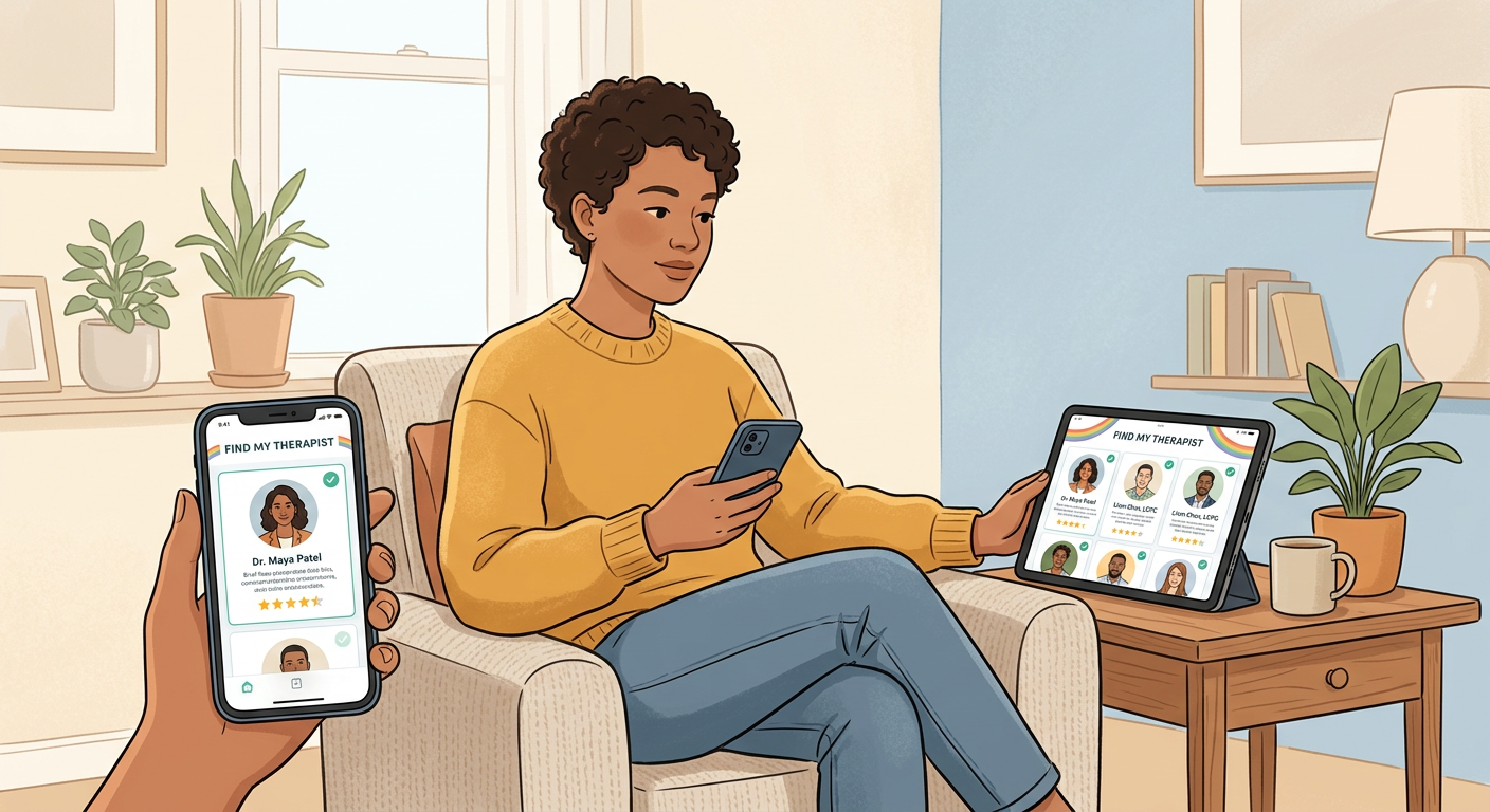 Modern editorial-style illustration of a person reviewing therapy profiles on a phone and tablet, with simple checkmarks, ...