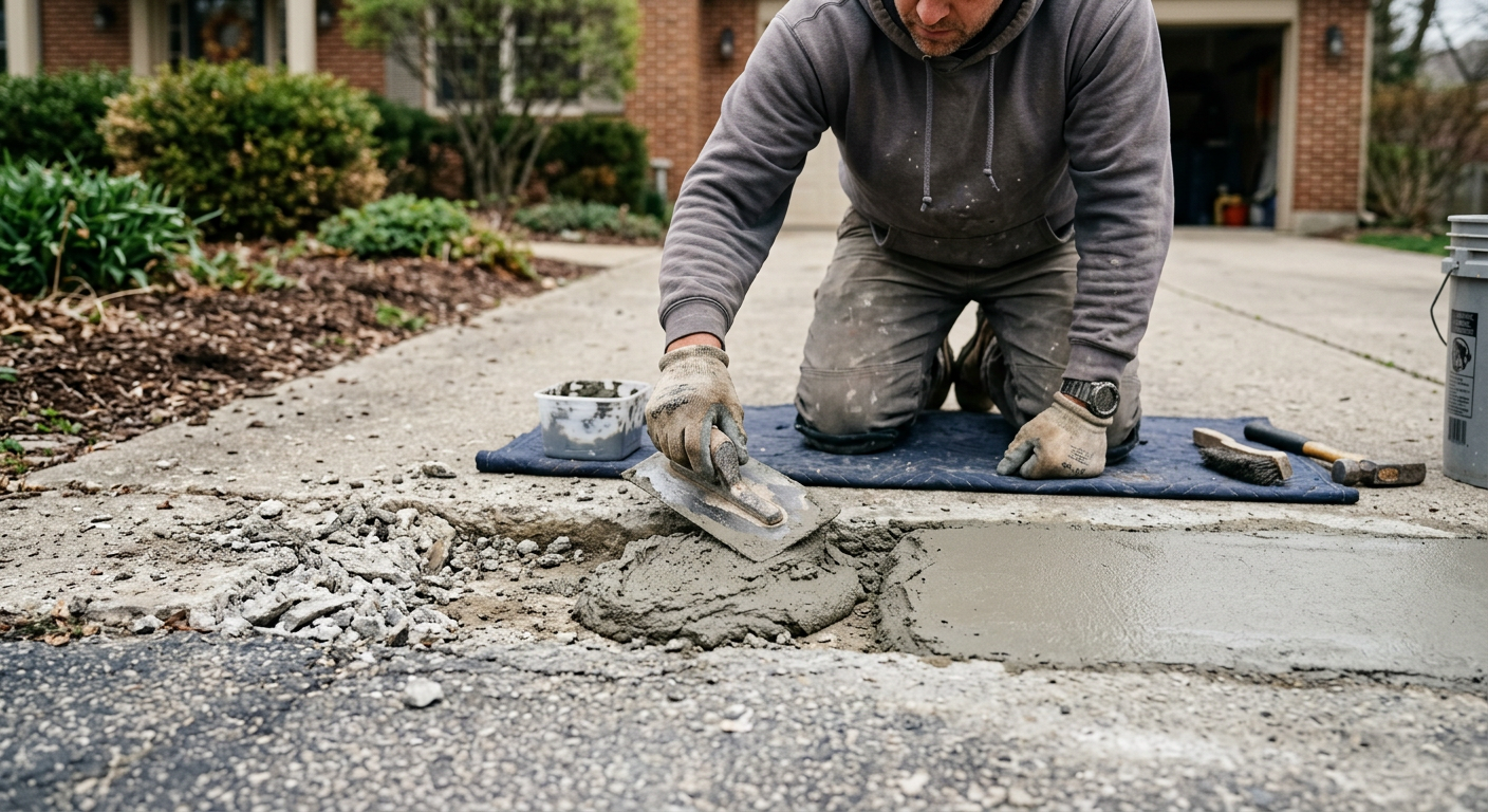 A close-up photorealistic scene of a contractor repairing a driveway edge with a trowel and bonding material, showing crum...