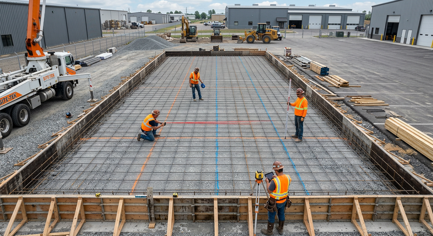 Overhead photorealistic scene of a contractor crew measuring a commercial slab layout with laser tools and chalk lines, fr...