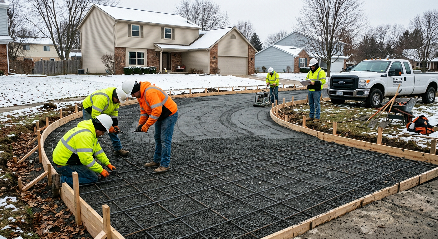 Photorealistic in-content image of a contractor team preparing a driveway base with compacted gravel, steel rebar, and for...