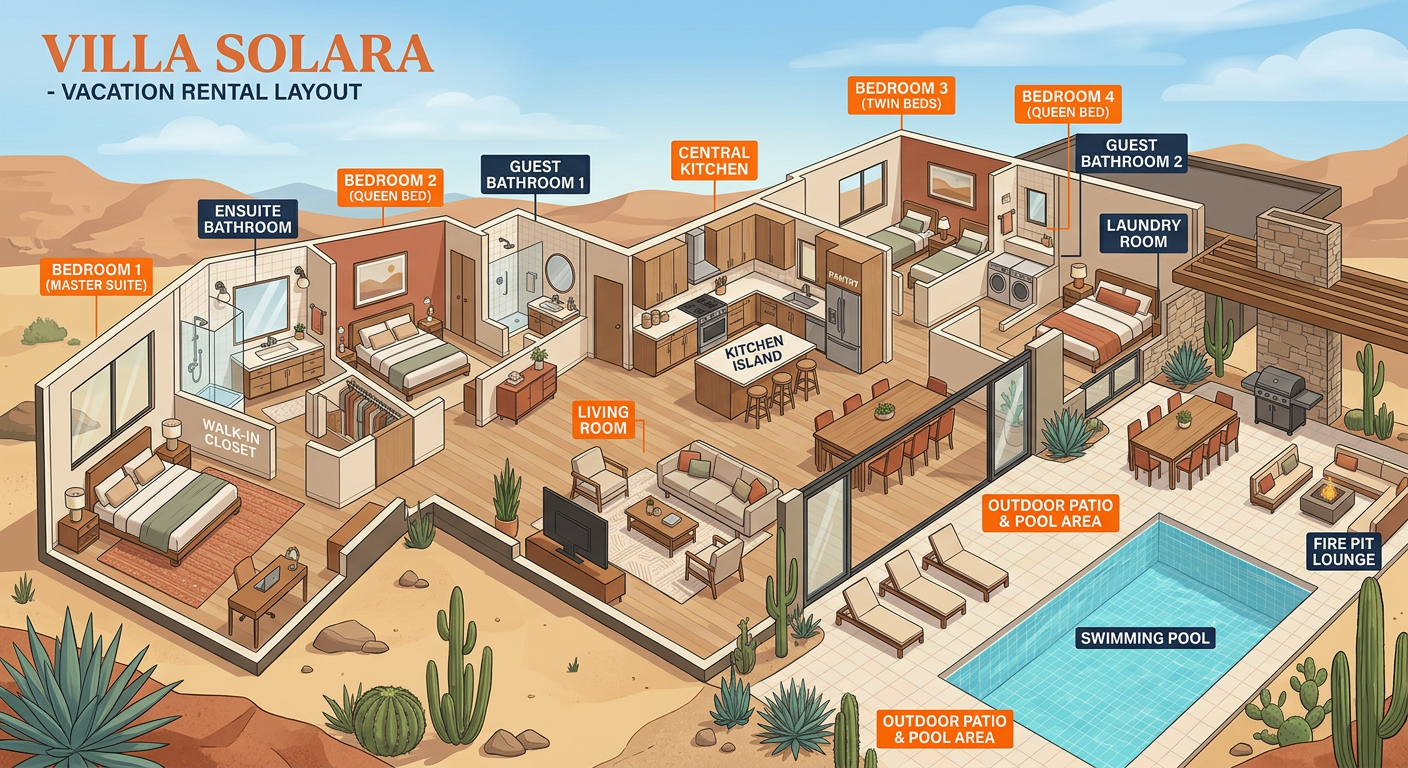 Modern infographic-style interior scene of a large vacation rental layout showing multiple bedrooms, a central kitchen, a ...