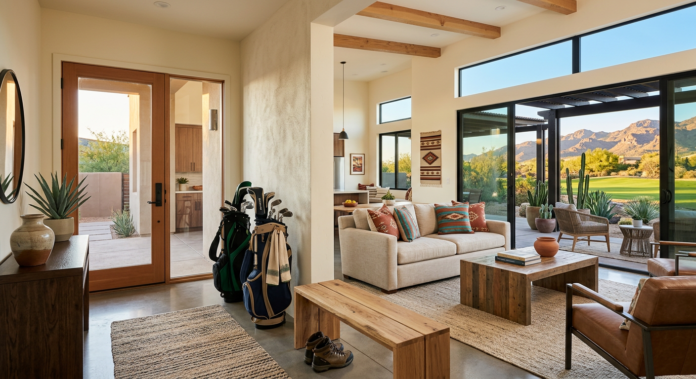 A clean, modern interior of a desert vacation rental with golf bags near the entryway, a bright living room, a shaded pati...