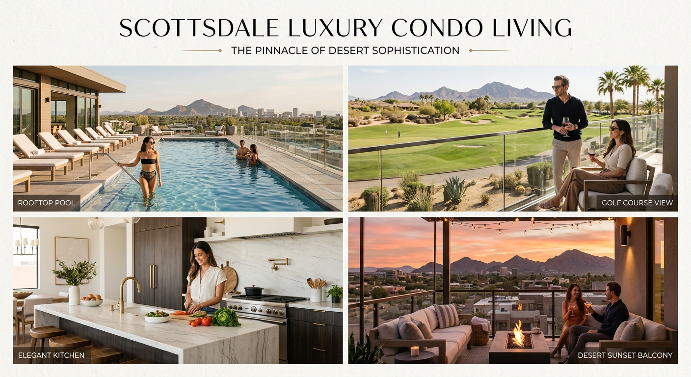 Modern editorial-style collage of Scottsdale luxury condo lifestyle scenes, including a rooftop pool, golf course view, el...