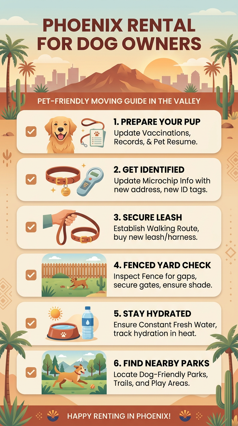 A modern infographic-style scene showing a Phoenix rental checklist with a dog, leash, water bowl, fenced yard, and nearby...